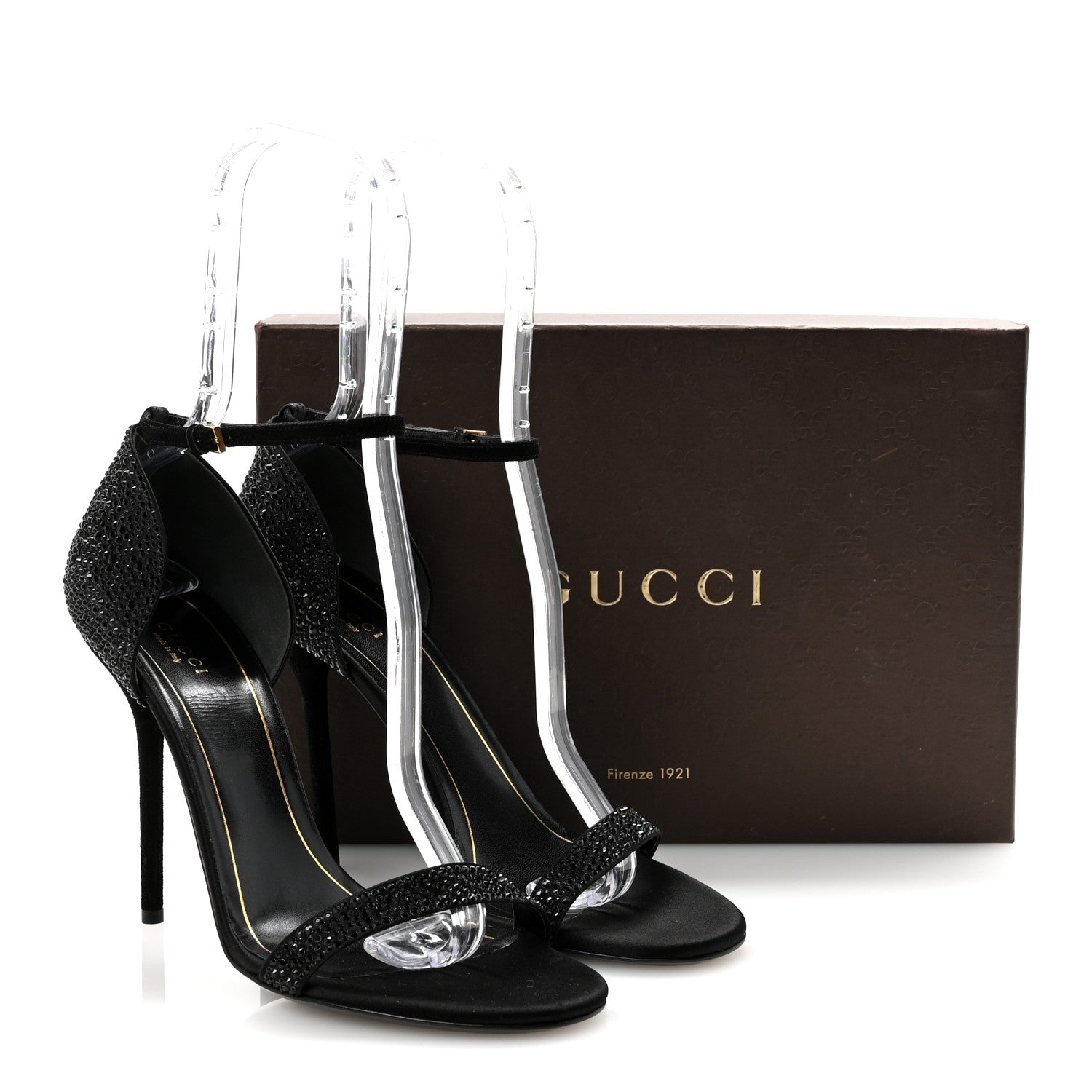 Gucci Suede Satin Crystal Ankle Strap High Heel Sandals 39.5 Black 9 of 9