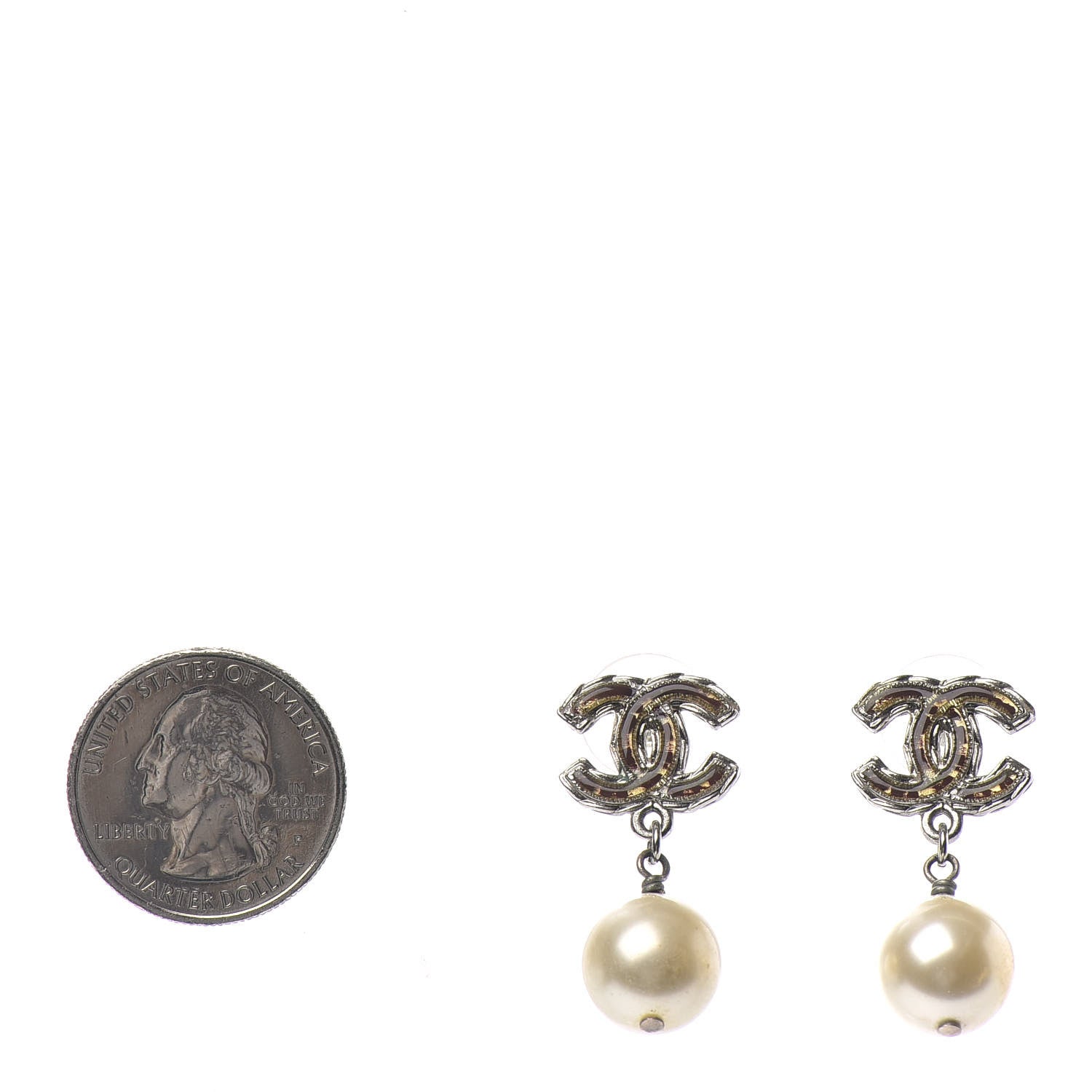 Chanel Pearl Enamel CC Drop Earrings Brown Gold 2 of 4