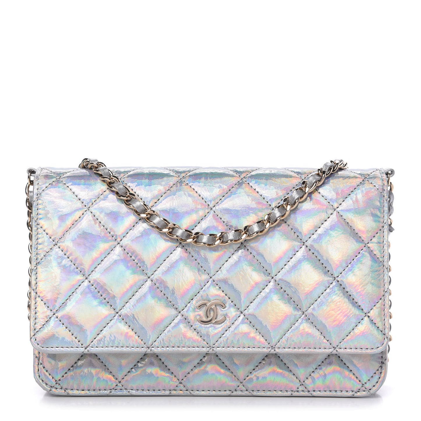 Iridescent Goatskin Quilted Wallet On Chain WOC Silver