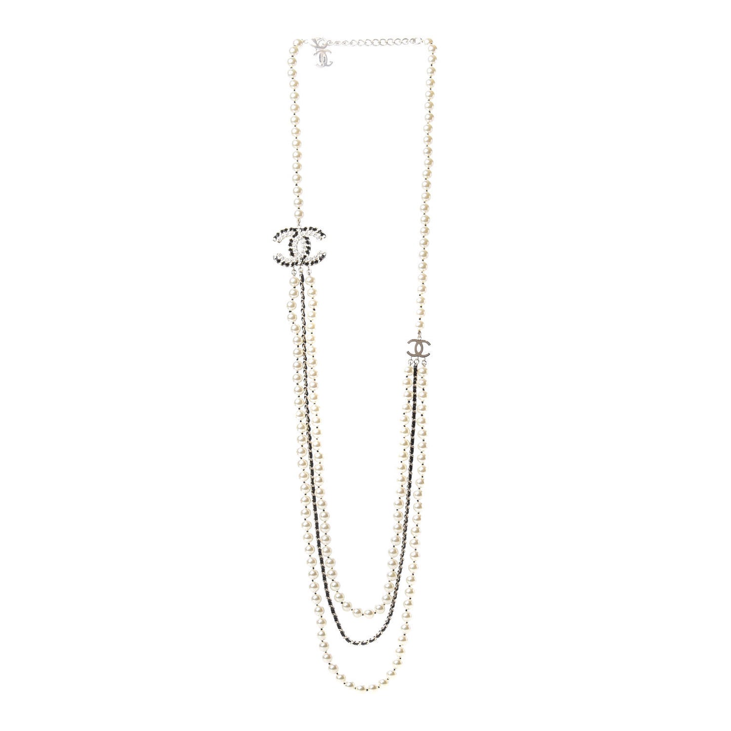 Lambskin Pearl Crystal CC Chain Necklace Black Gold