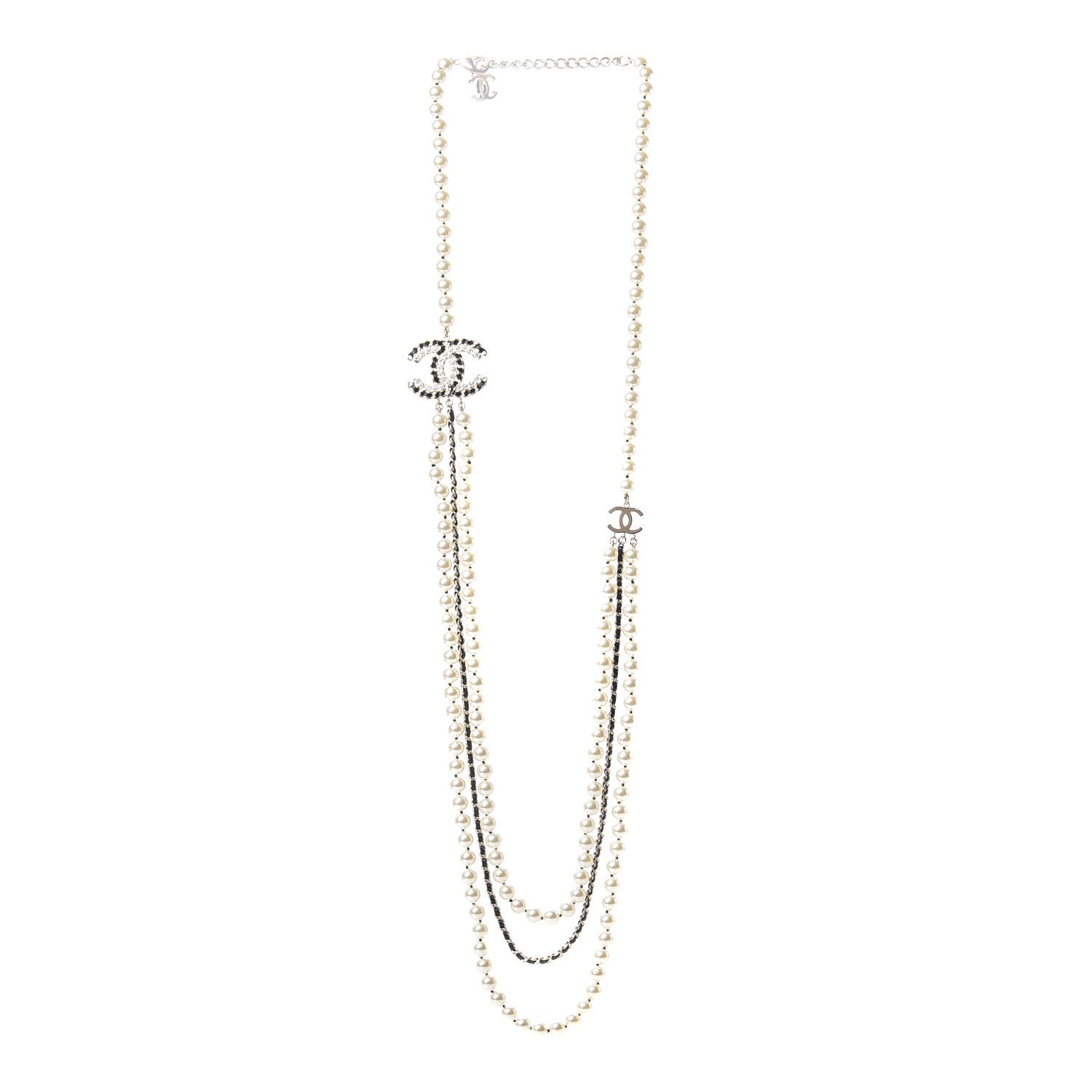 Chanel Lambskin Pearl Crystal CC Chain Necklace Black Gold 1 of 5