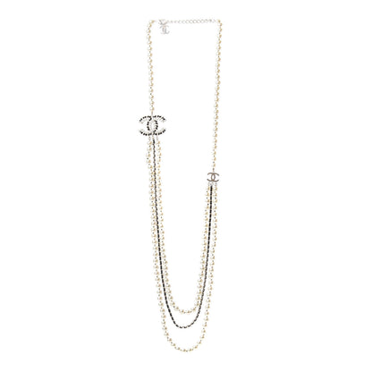 Chanel Lambskin Pearl Crystal CC Chain Necklace Black Gold 1 of 5