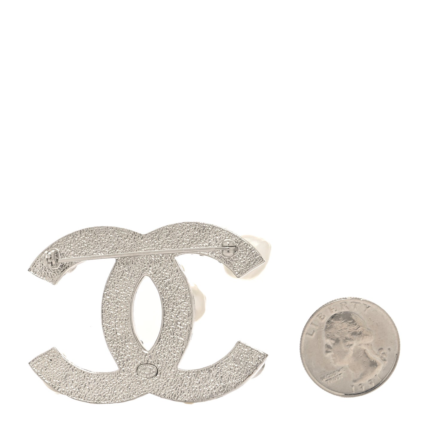 Pearl Crystal CC Mini Brooch Silver