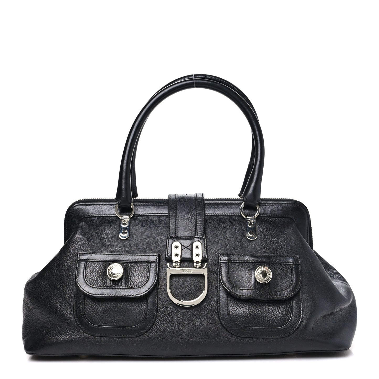 Calfskin Buckle Frame Satchel Black