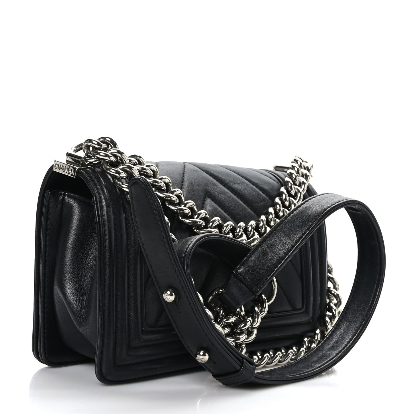 Calfskin Chevron Quilted Small Boy Flap Black