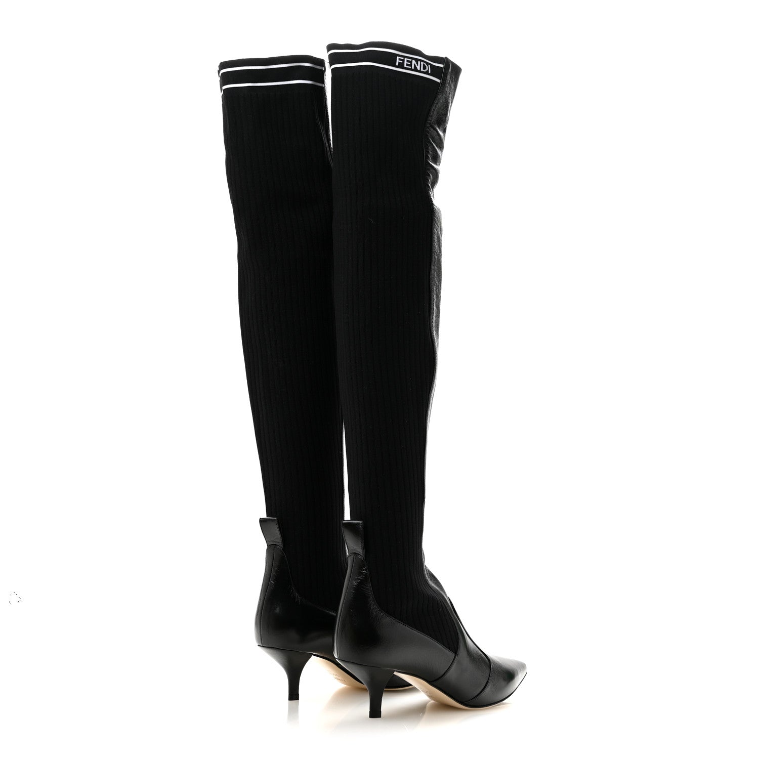 Fendi Vitello Lucido Stretch Fabric Logo Rockoko Thigh High Sock Boots 38 Black White 4 of 8
