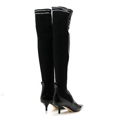 Fendi Vitello Lucido Stretch Fabric Logo Rockoko Thigh High Sock Boots 38 Black White 4 of 8