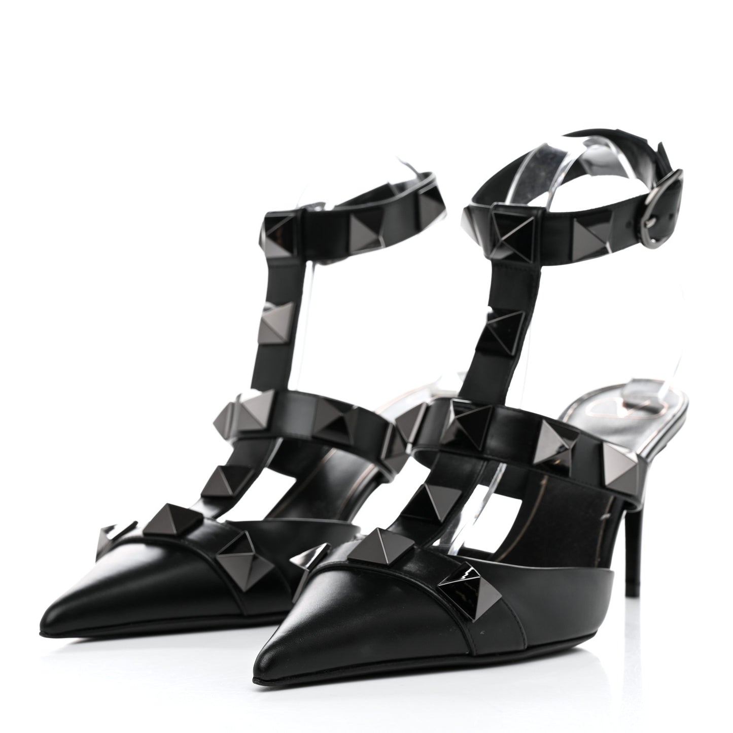 Calfskin Monochrome Roman Stud Ankle Strap 80mm Pumps 41 Black