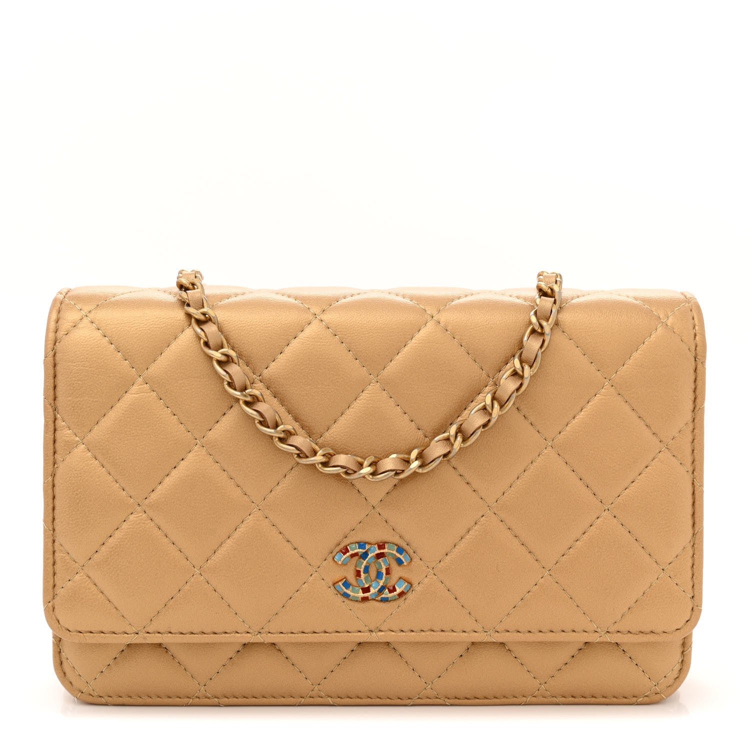 Chanel Metallic Lambskin Quilted Enamel Wallet On Chain WOC Gold 1 of 11