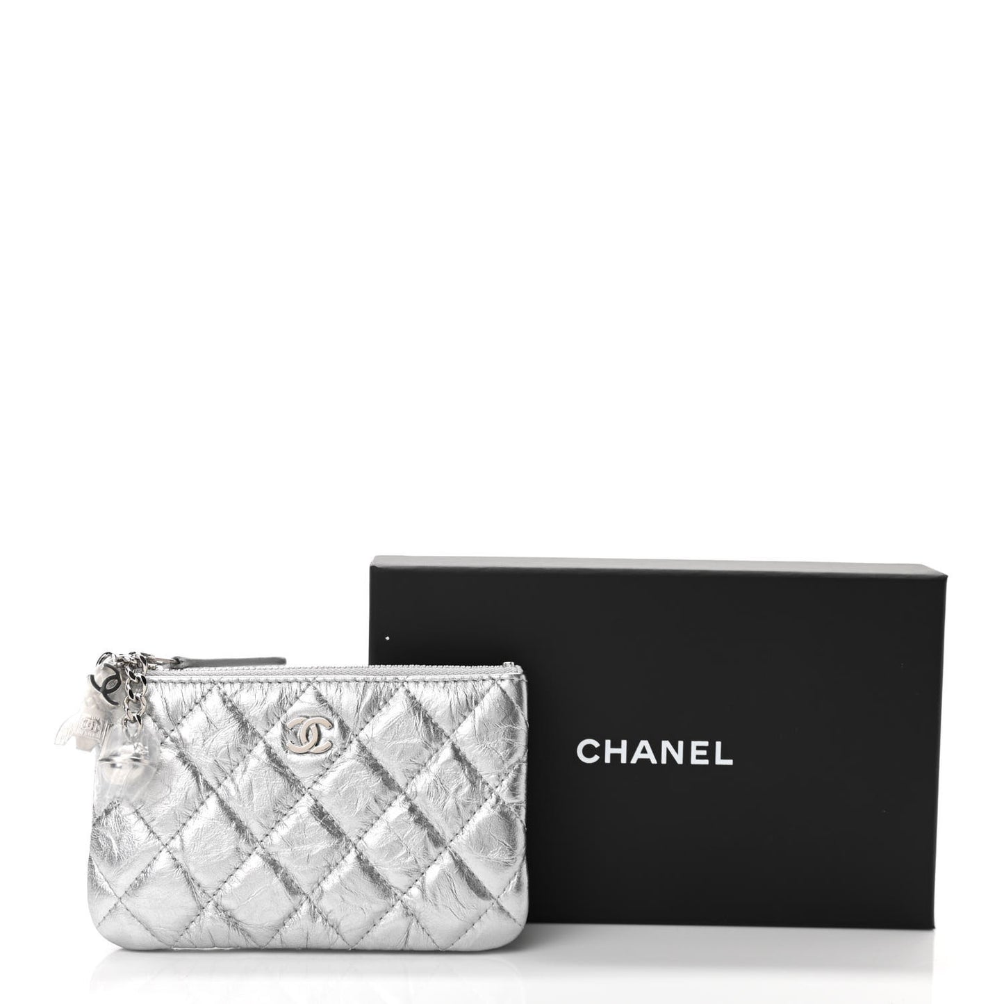 Metallic Calfskin Quilted Small Cosmo Cosmetic Case Silver