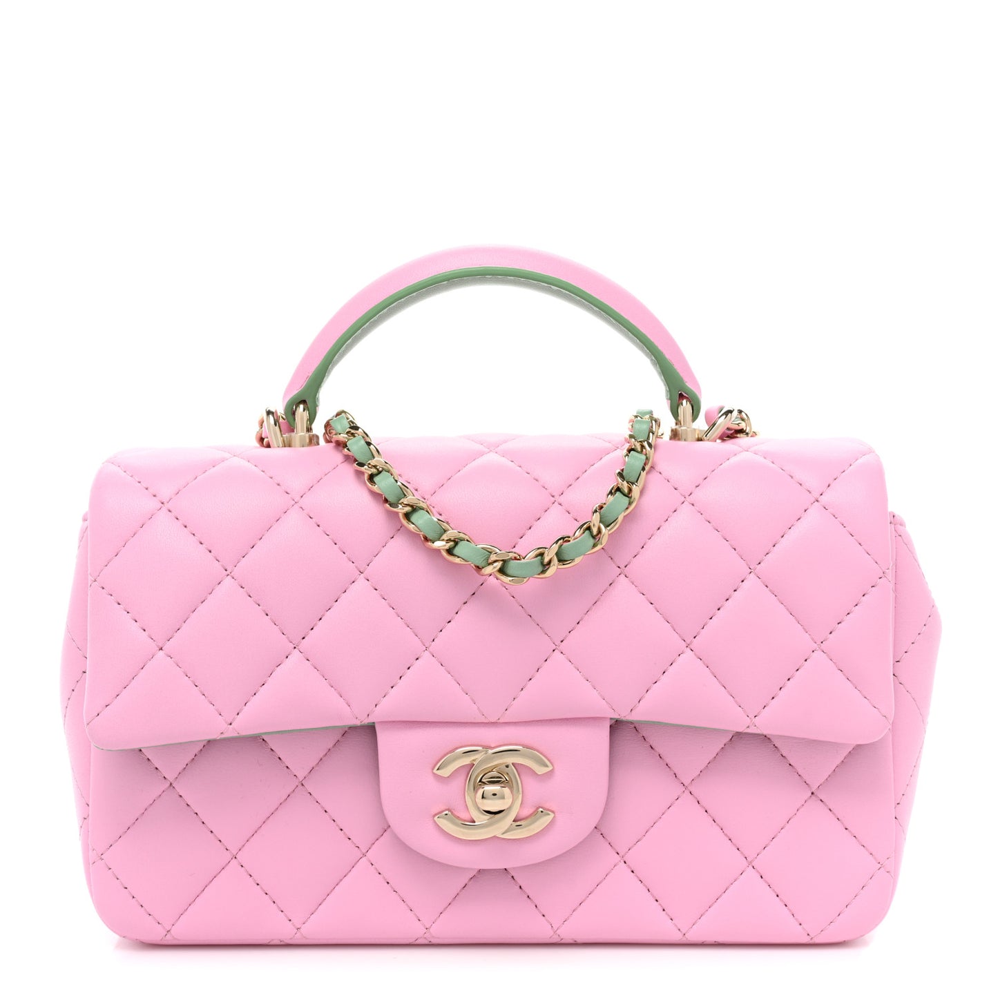 Lambskin Quilted Mini Top Handle Rectangular Flap Lilac Light Green