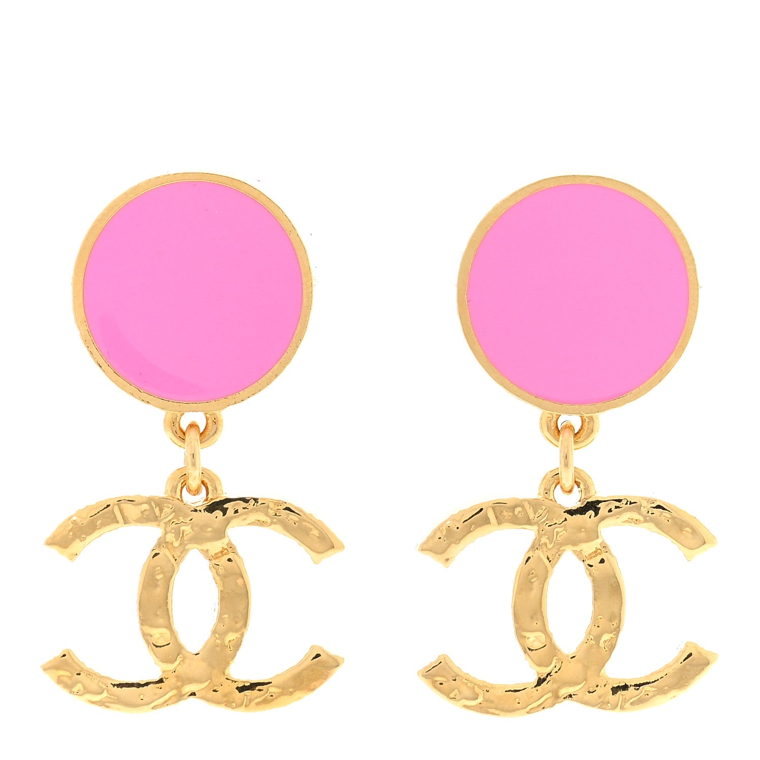 Chanel Metal Resin Disc CC Drop Earrings Gold Pink 1 of 4