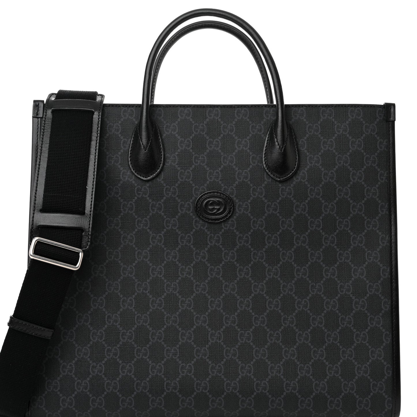 GG Supreme Monogram Azalea Calfskin Web Medium Retro Interlocking G Tote Bag Black