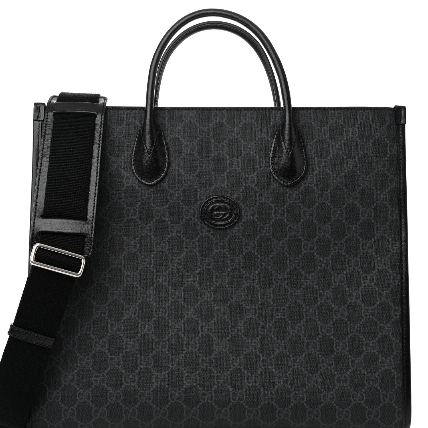 Gucci GG Supreme Monogram Azalea Calfskin Web Medium Retro Interlocking G Tote Bag Black 7 of 9