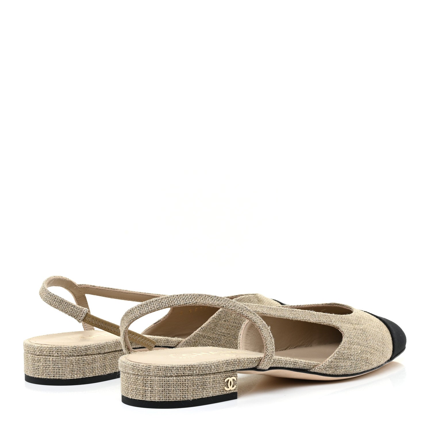 Chanel Fabric Grosgrain Cap Toe CC Slingback Flats 40 Light Beige Black 4 of 12