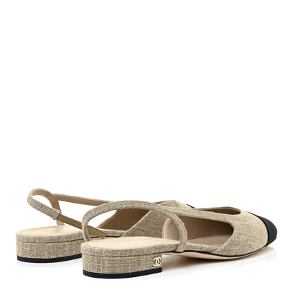 Chanel Fabric Grosgrain Cap Toe CC Slingback Flats 40 Light Beige Black 4 of 12