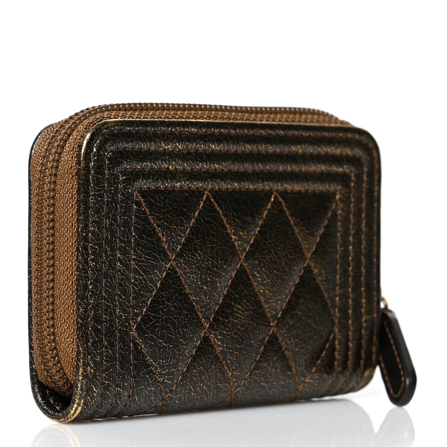 Cracked Metallic Calfskin Quilted Boy Zip Around Coin Purse Wallet Gold