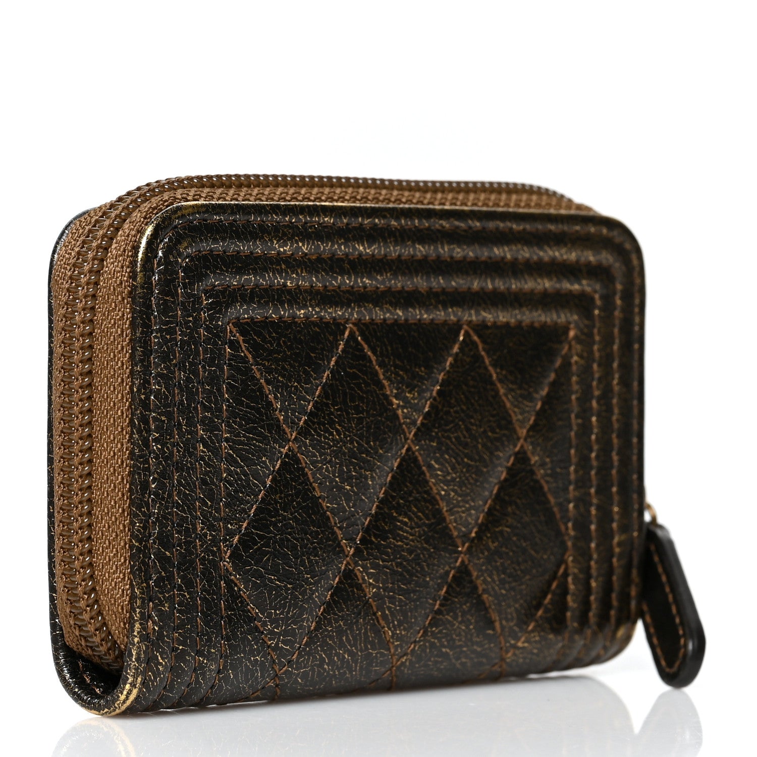 Chanel Cracked Metallic Calfskin Quilted Boy Zip Around Coin Purse Wallet Gold 3 of 8