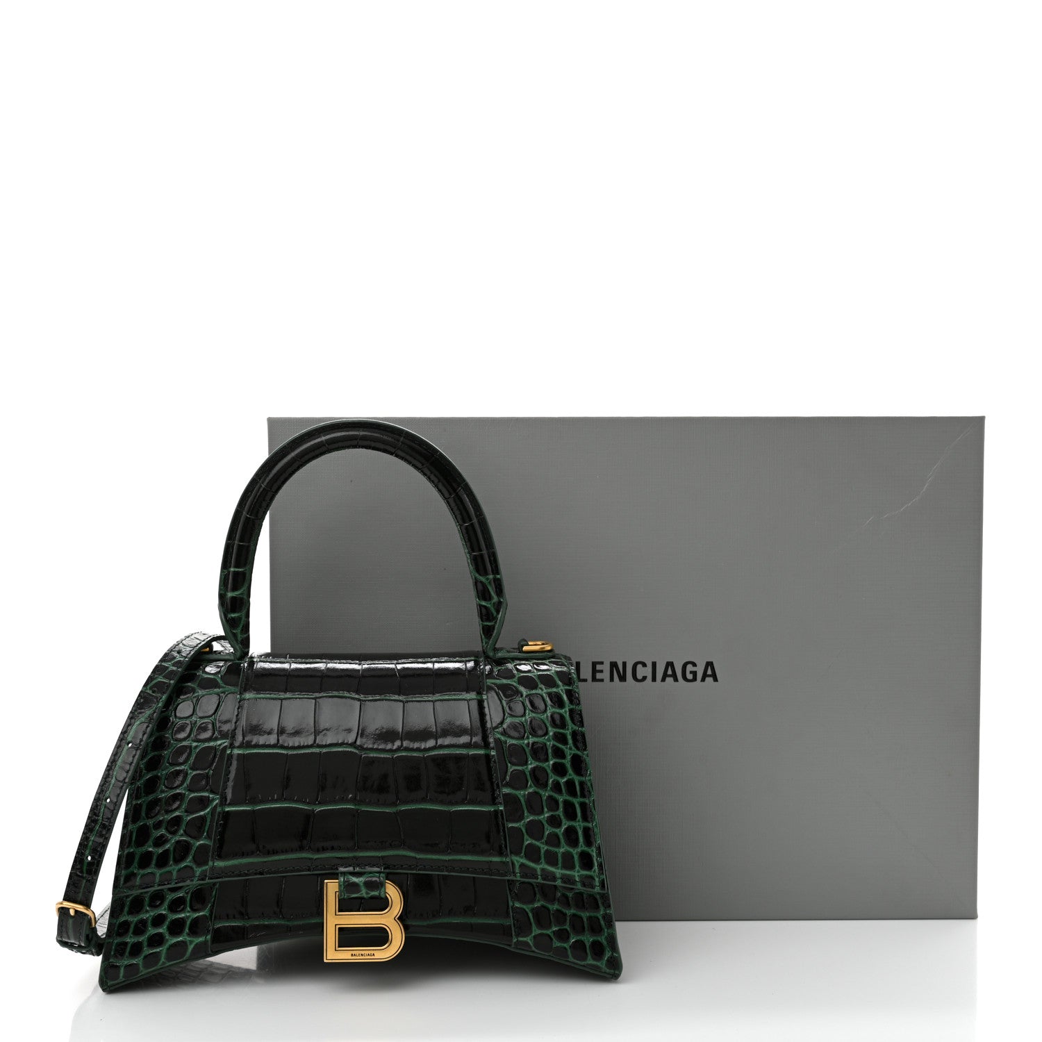 Balenciaga Shiny Calfskin Crocodile Embossed Small Hourglass Top Handle Bag Forest Green 12 of 12