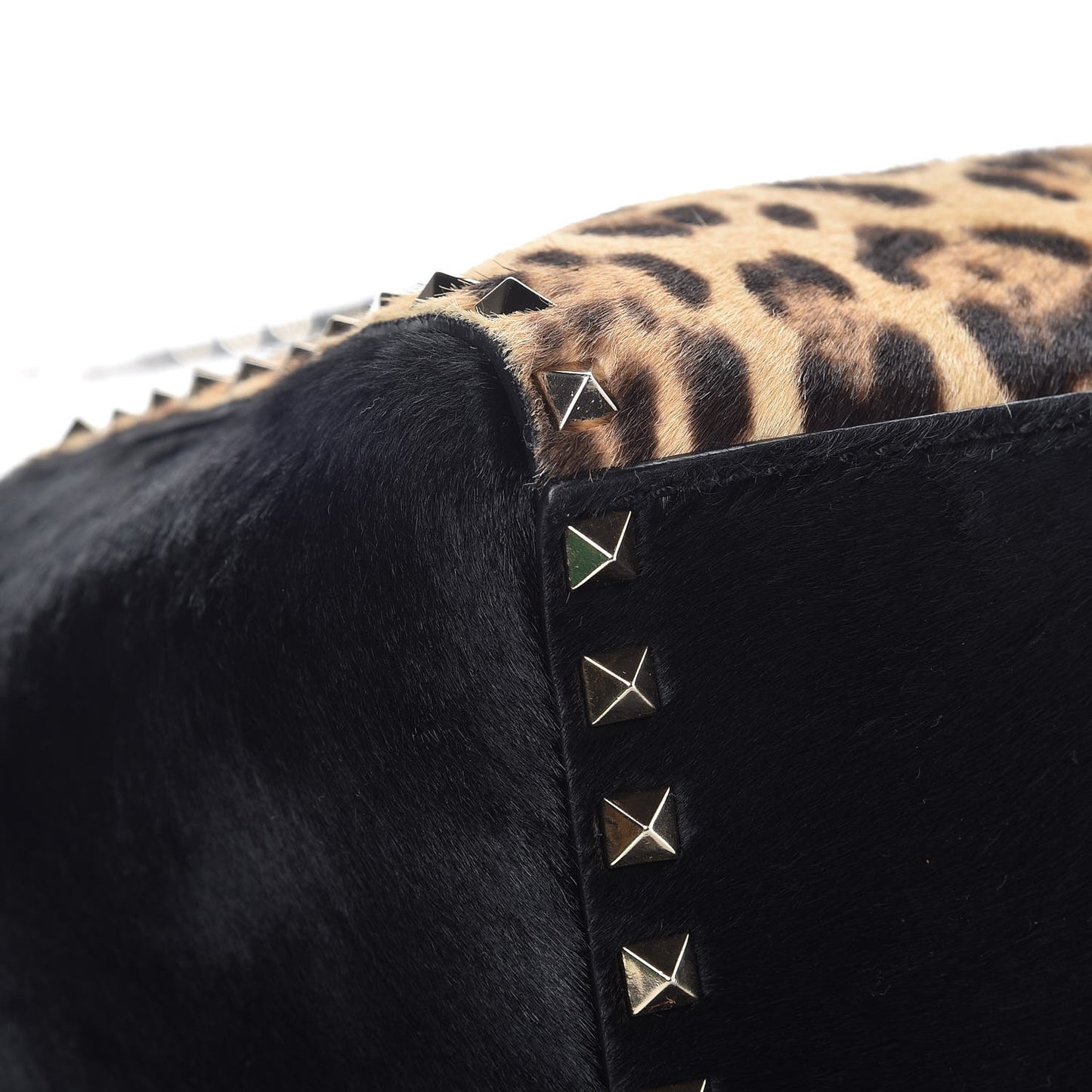 Calf Hair Leopard Print Rockstud Double Handle Tote Black