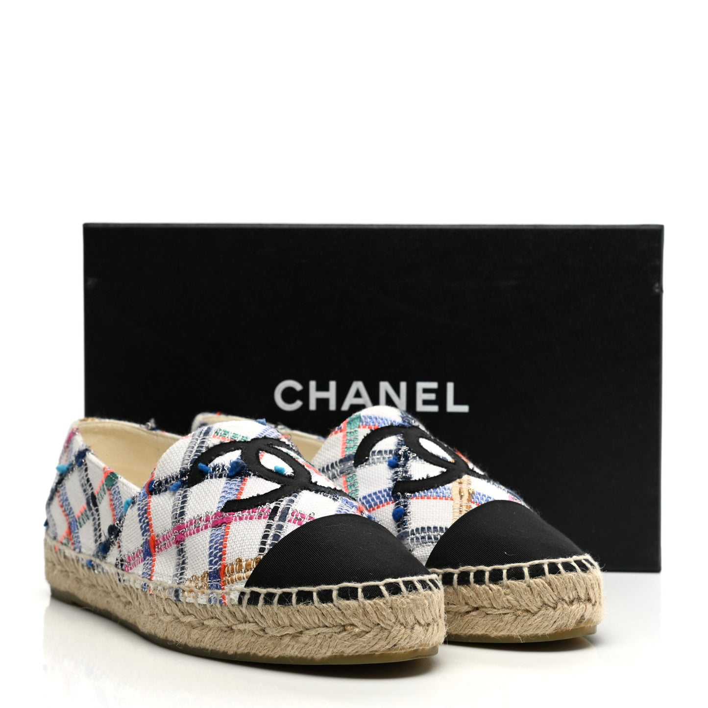 Tweed Grosgrain CC Espadrilles 40 White Blue Pink Green Black