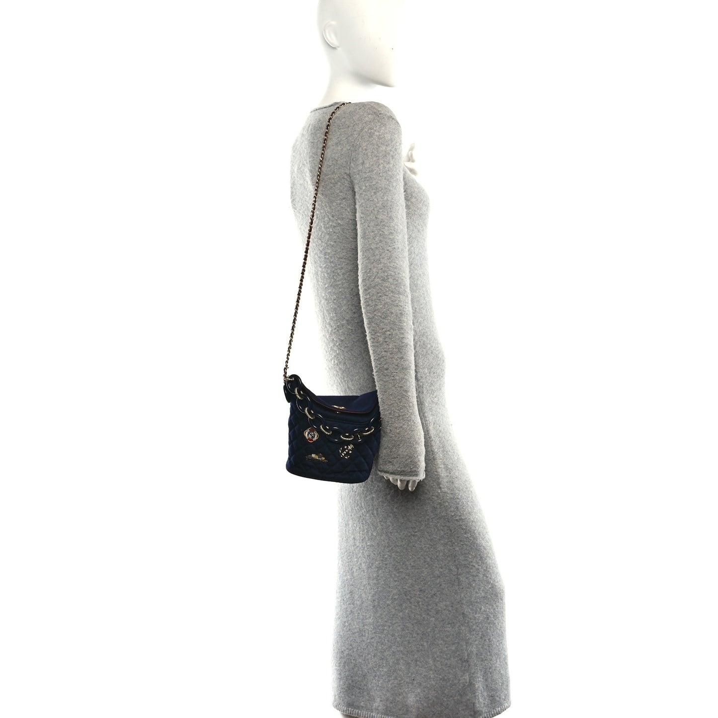Wool Lambskin Quilted Paris Hamburg Charms Bucket Bag Dark Navy