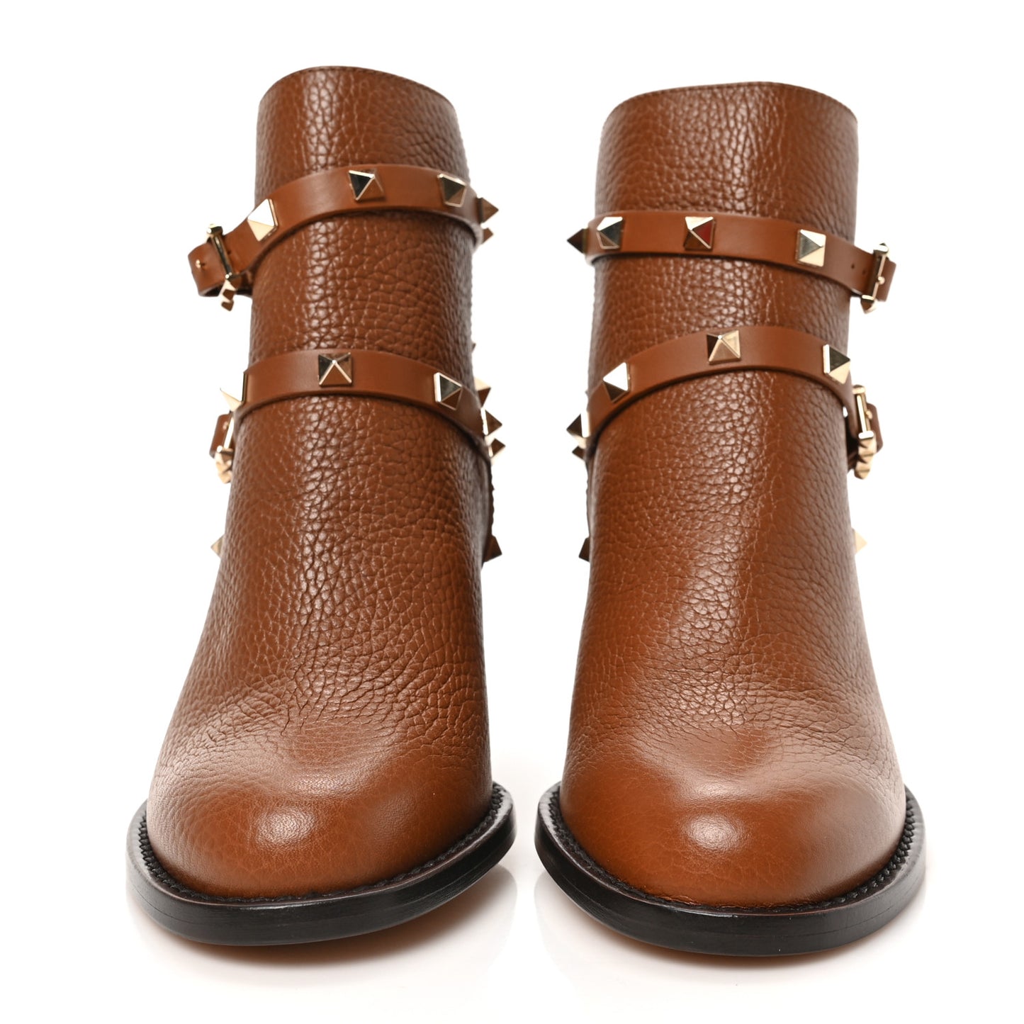 Pebbled Calfskin Rockstud Double Buckle 70mm Block Heel Ankle Boots 36 Bright Cognac