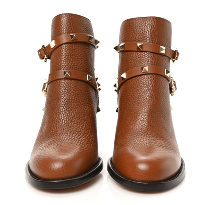 Valentino Garavani Pebbled Calfskin Rockstud Double Buckle 70mm Block Heel Ankle Boots 36 Bright Cognac 2 of 11