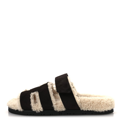 Hermes Suede Goatskin Woolskin Womens Chypre Sandals 38.5 Marron Ebene 1 of 10