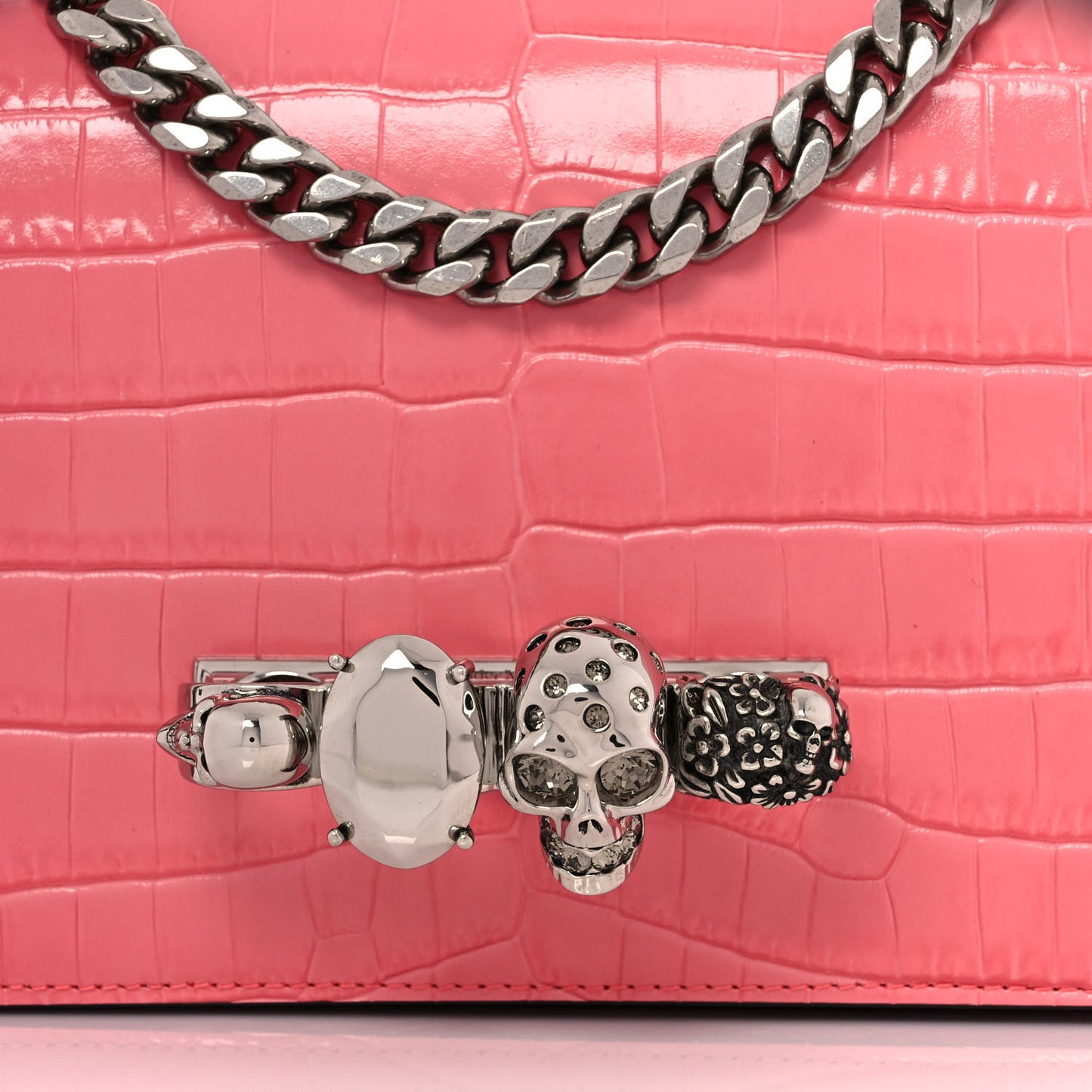 Calfskin Crocodile Embossed Knuckle Shoulder Bag Coral