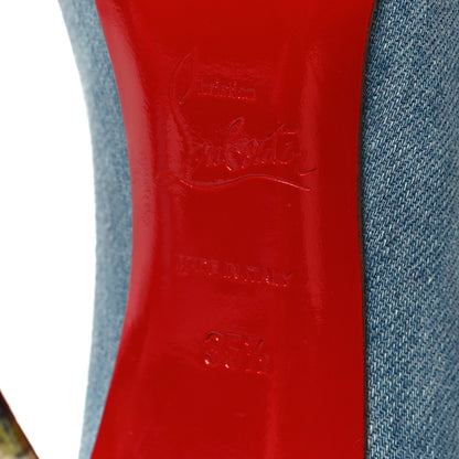 Christian Louboutin Denim Crackled Calfskin Hawaiian Print Pigalle Follies 100 Pumps 35.5 Blue White 6 of 8