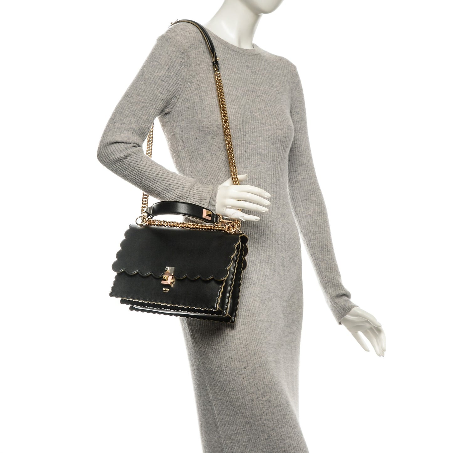 Vitello Liberty Scalloped Studded Kan I Shoulder Bag Black