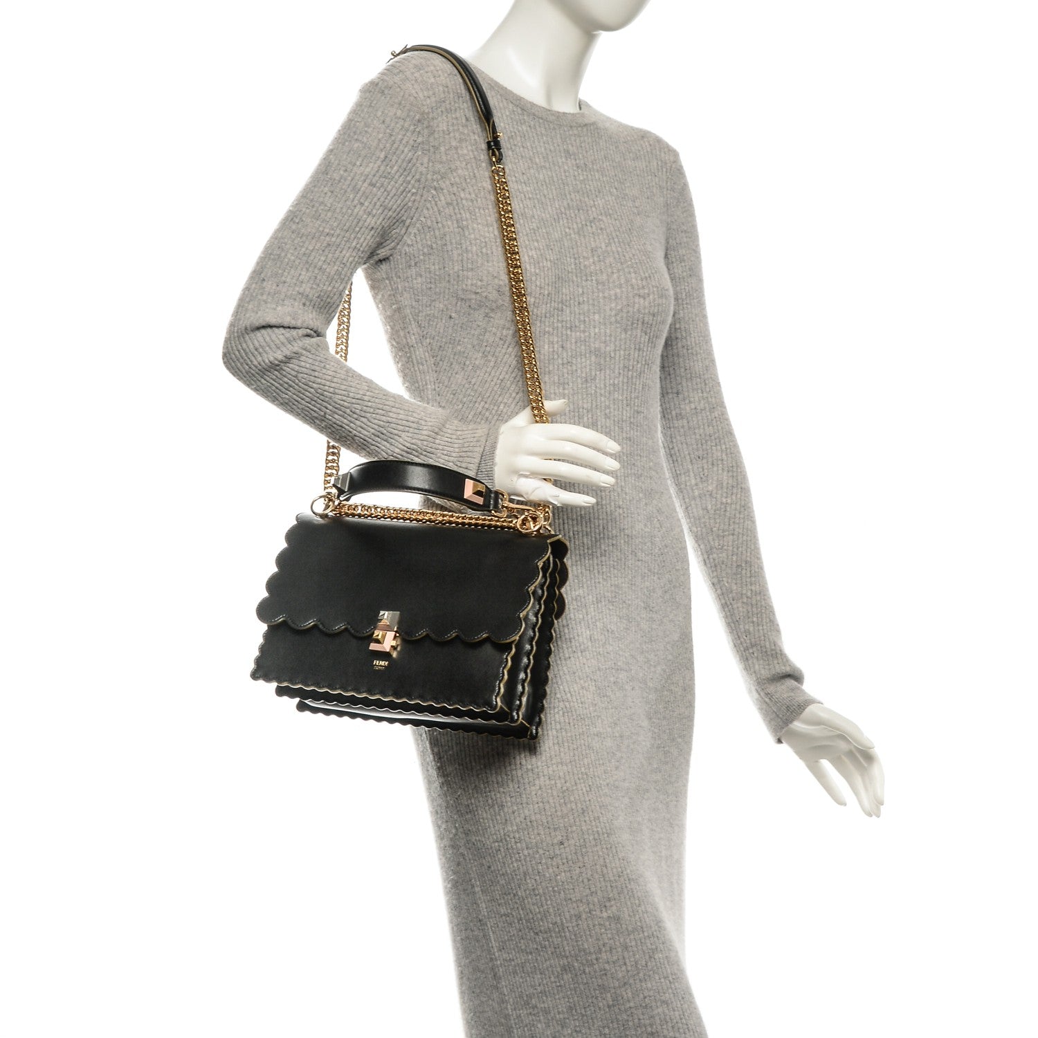 Fendi Vitello Liberty Scalloped Studded Kan I Shoulder Bag Black 2 of 7