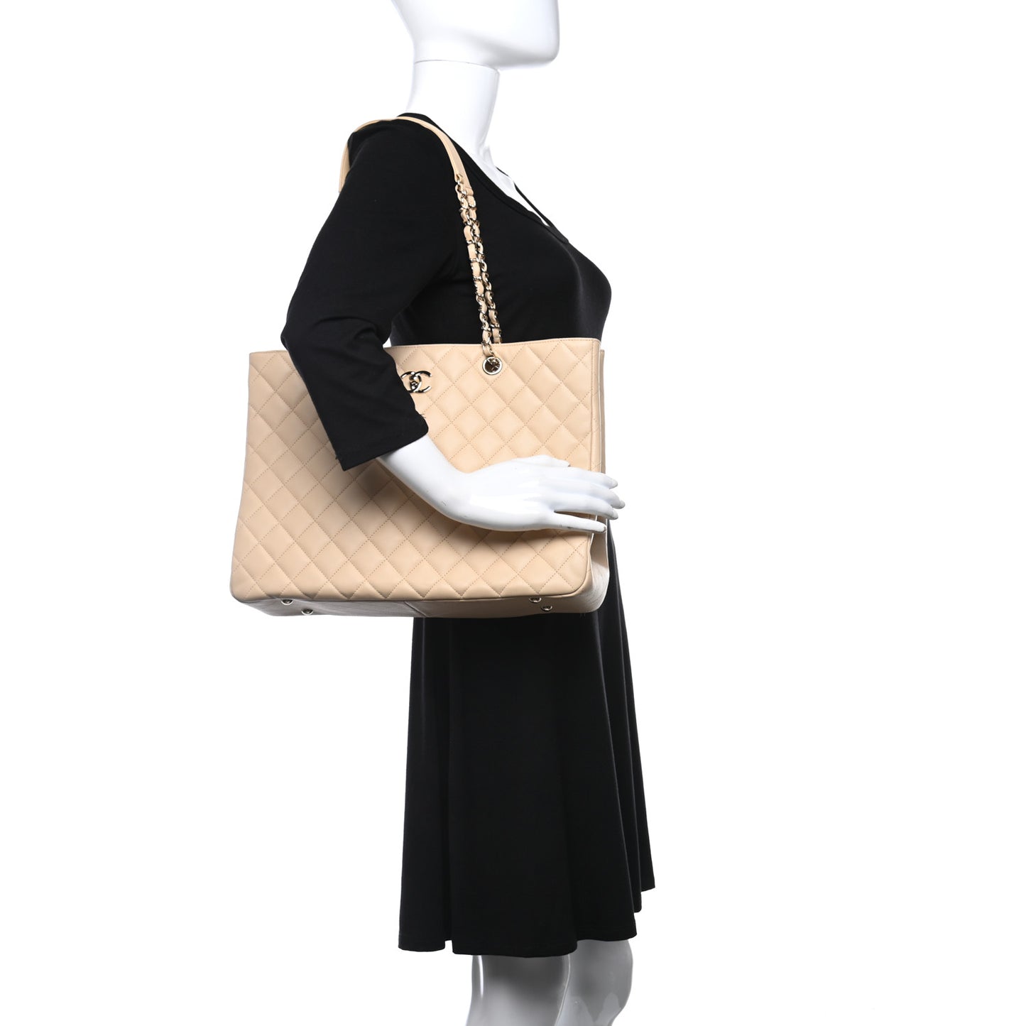 Calfskin Quilted Large CC Shopping Tote Beige