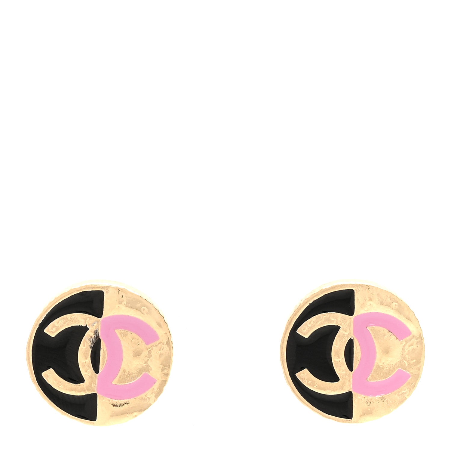 Chanel Metal Enamel CC Round Earrings Gold Pink Black 1 of 5