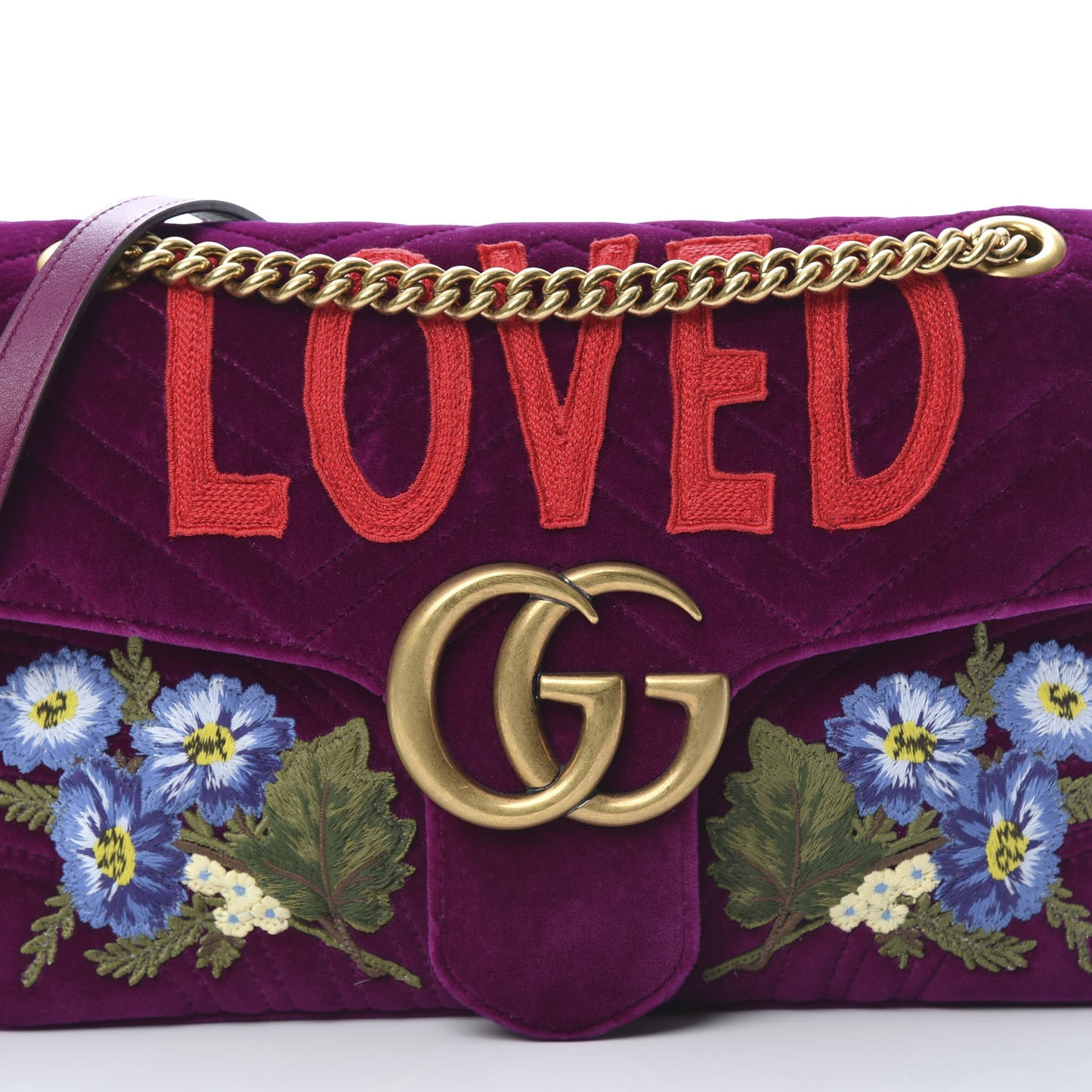 Velvet Matelasse Loved Embroidered Medium GG Marmont Shoulder Bag Fuchsia Violet Cyclamen