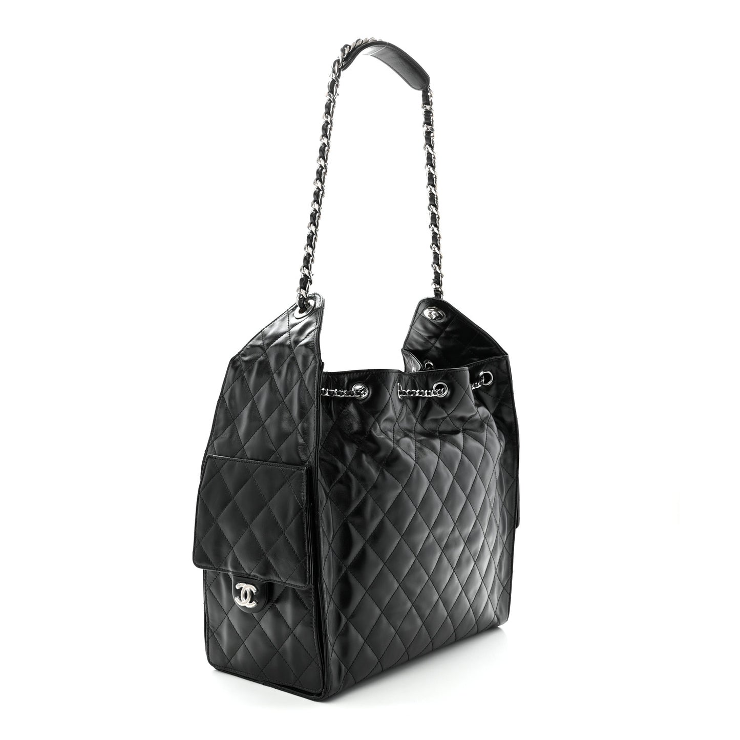 Shiny Crumpled Calfskin Quilted Medium Chanel 25 Handbag Black