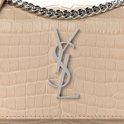Saint Laurent Calfskin Crocodile Embossed Monogram Sunset Chain Wallet Dark Beige 7 of 10