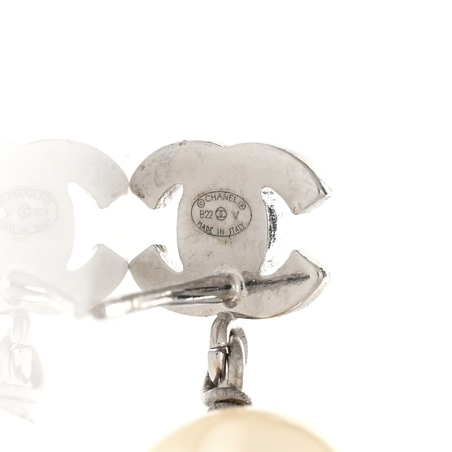 Chanel Crystal Pearl CC Drop Earrings Silver Pearly White 4 of 4
