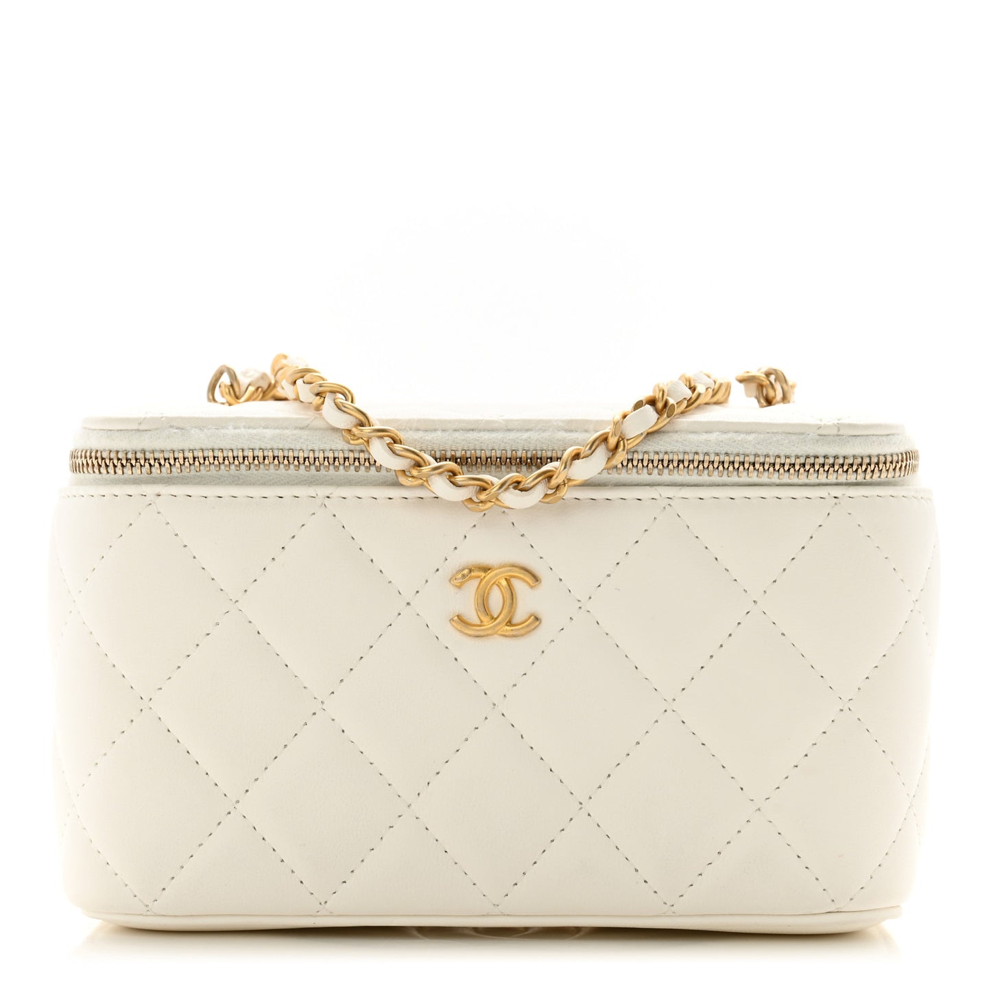 Lambskin Quilted Pearl Crush Small Vanity Case With Chain White