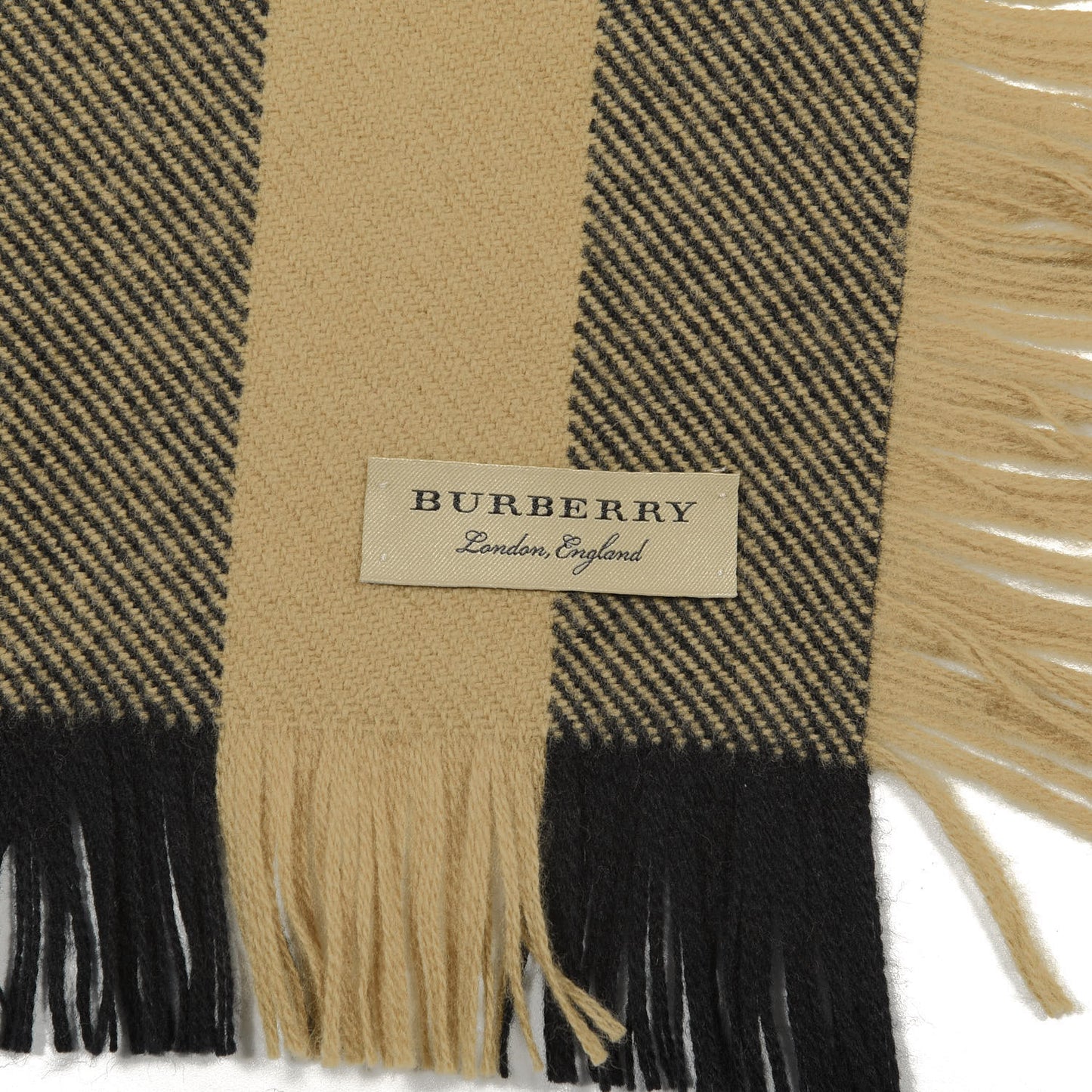 Wool Half Mega Check Happy Fringe Scarf Camel