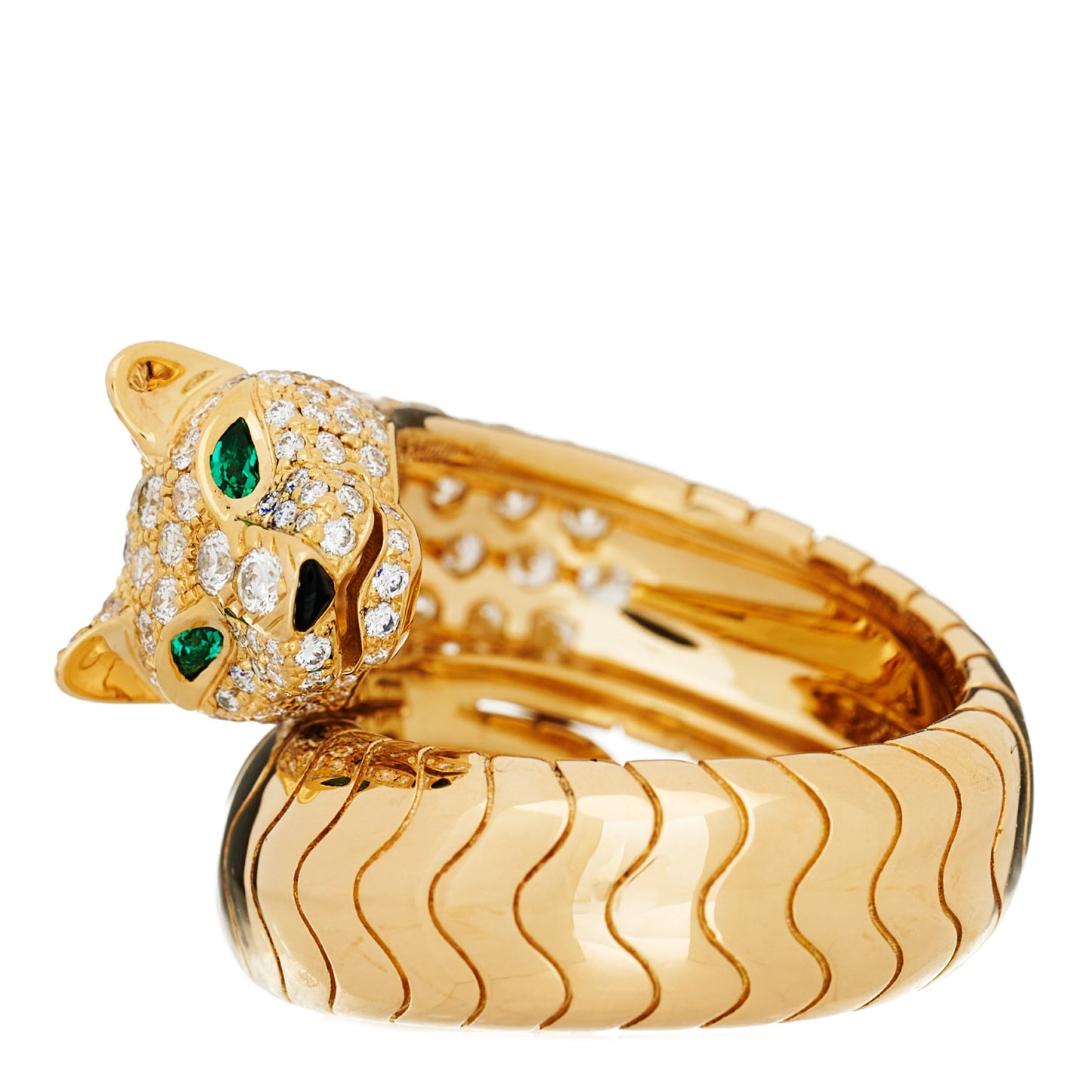 18K Yellow Gold Diamond Tsavorite Black Onyx Panthere De Cartier Bypass Ring 55 7.25