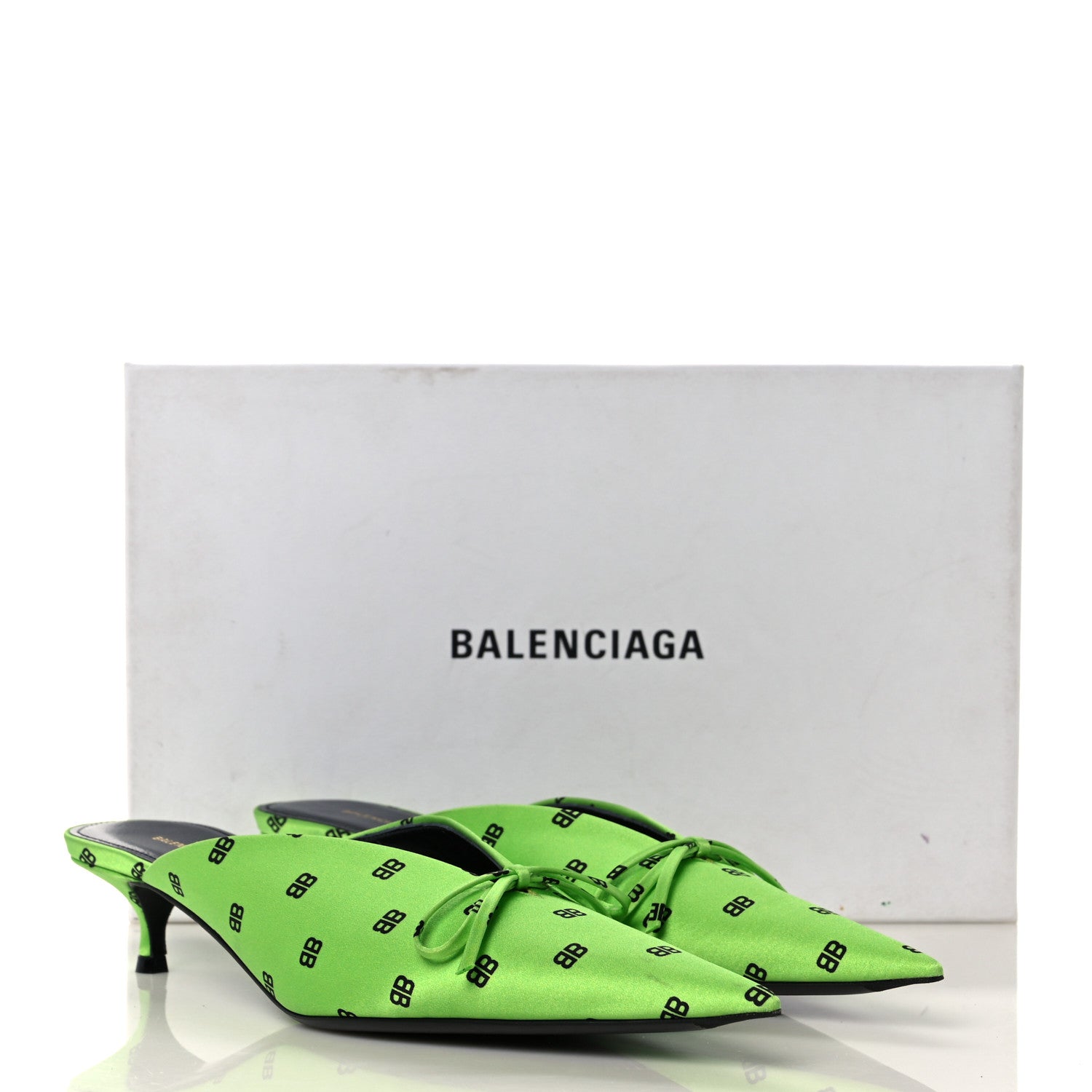 Balenciaga Crepe Satin BB Printed Knife Pointed Toe 40mm Mules 38 Green Fluo Black 11 of 11