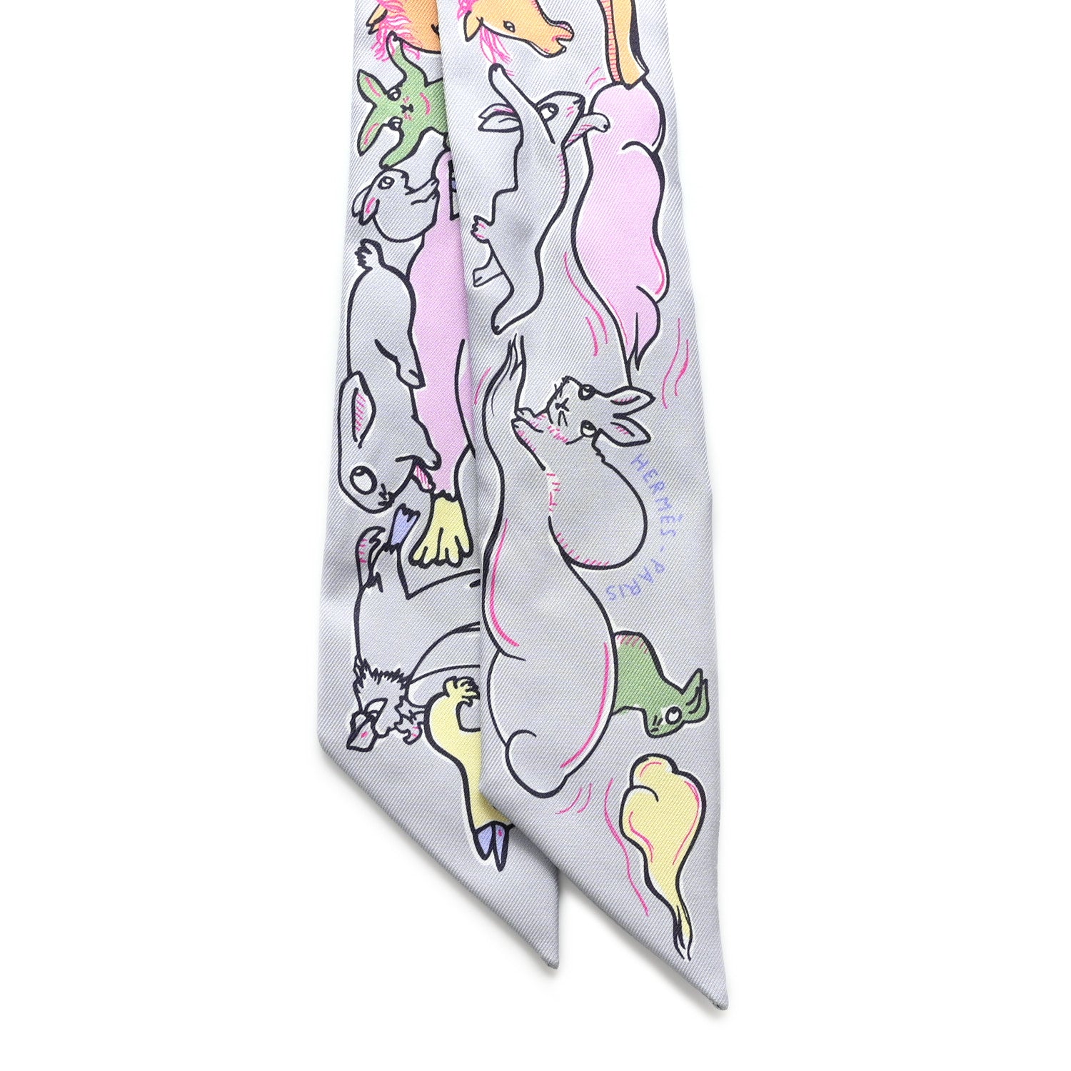 Hermes Silk Mille Et Un Lapins Twilly Gris Perle Rose Jaune 2 of 4