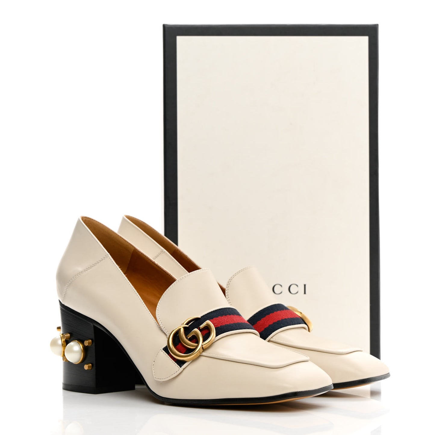 Betis Glamour Calfskin Web Pearl Embellished Peyton 75mm Loafer Pumps 40.5 Mystic White