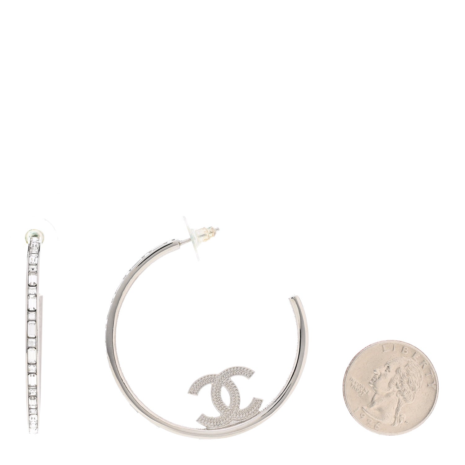Chanel Metal Crystal Baguette CC Large Hoop Earrings Silver 2 of 4