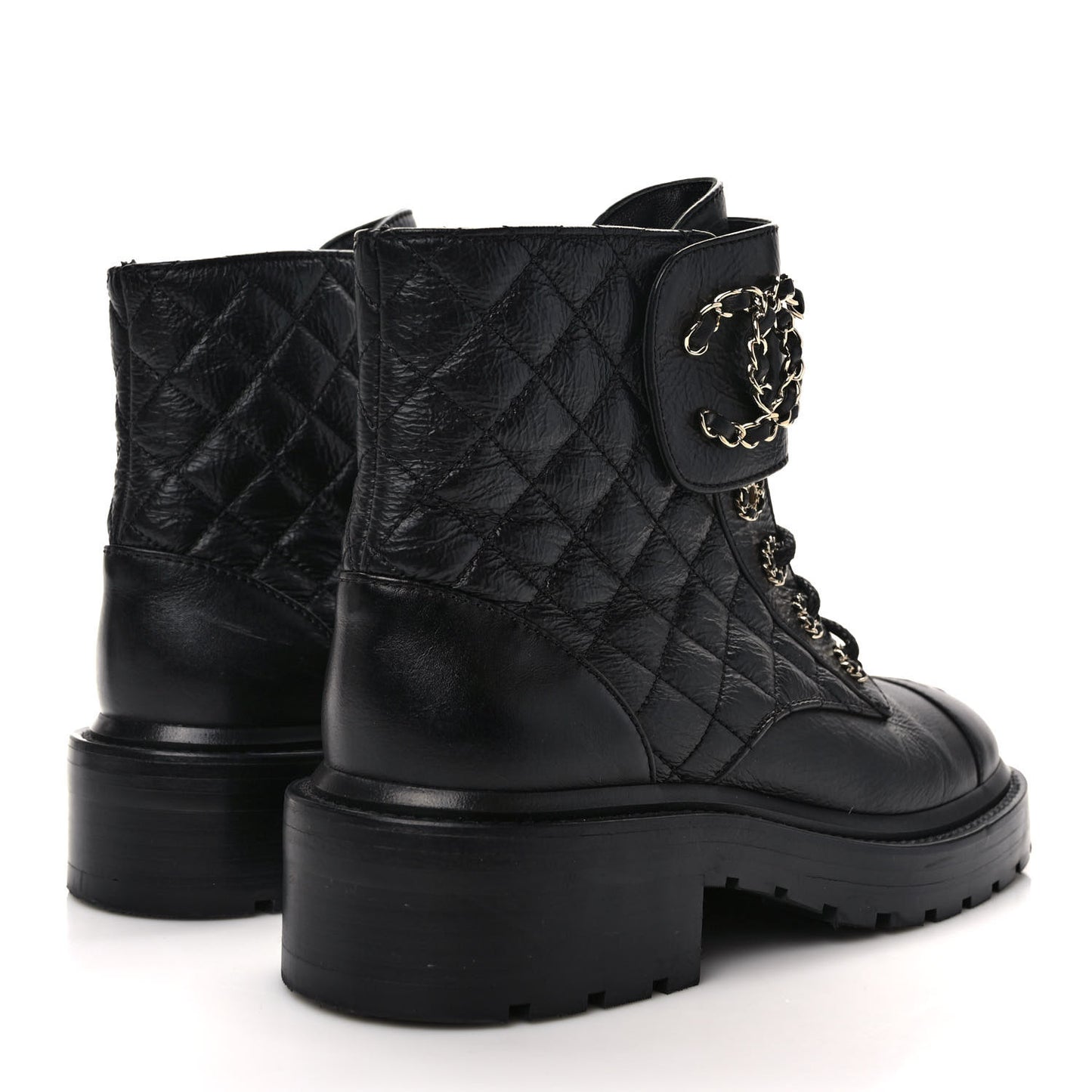 Shiny Calfskin Quilted Lace Up Combat Boots 36.5 Black