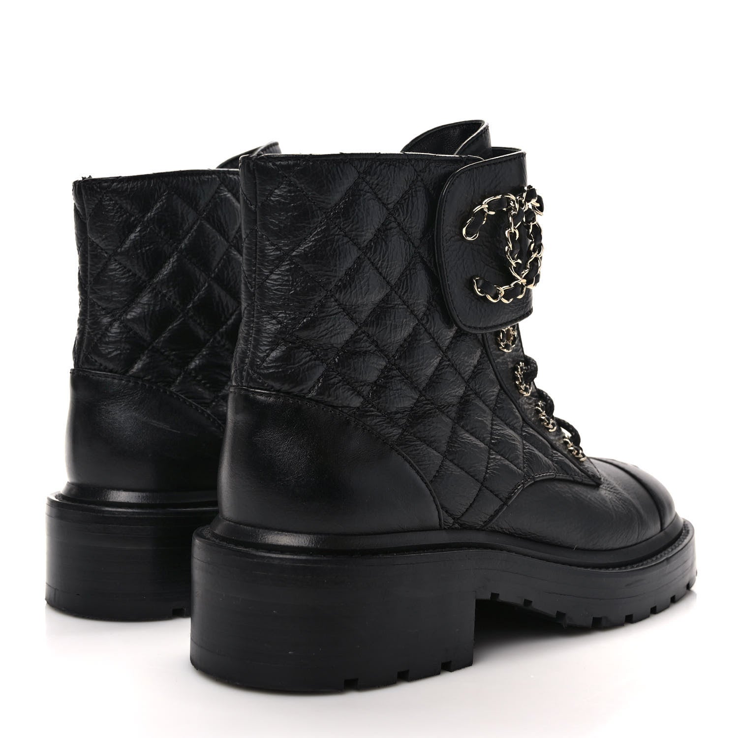 Chanel Shiny Calfskin Quilted Lace Up Combat Boots 36.5 Black 4 of 8