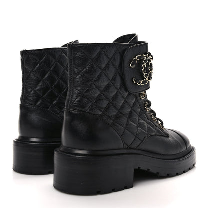 Chanel Shiny Calfskin Quilted Lace Up Combat Boots 36.5 Black 4 of 8