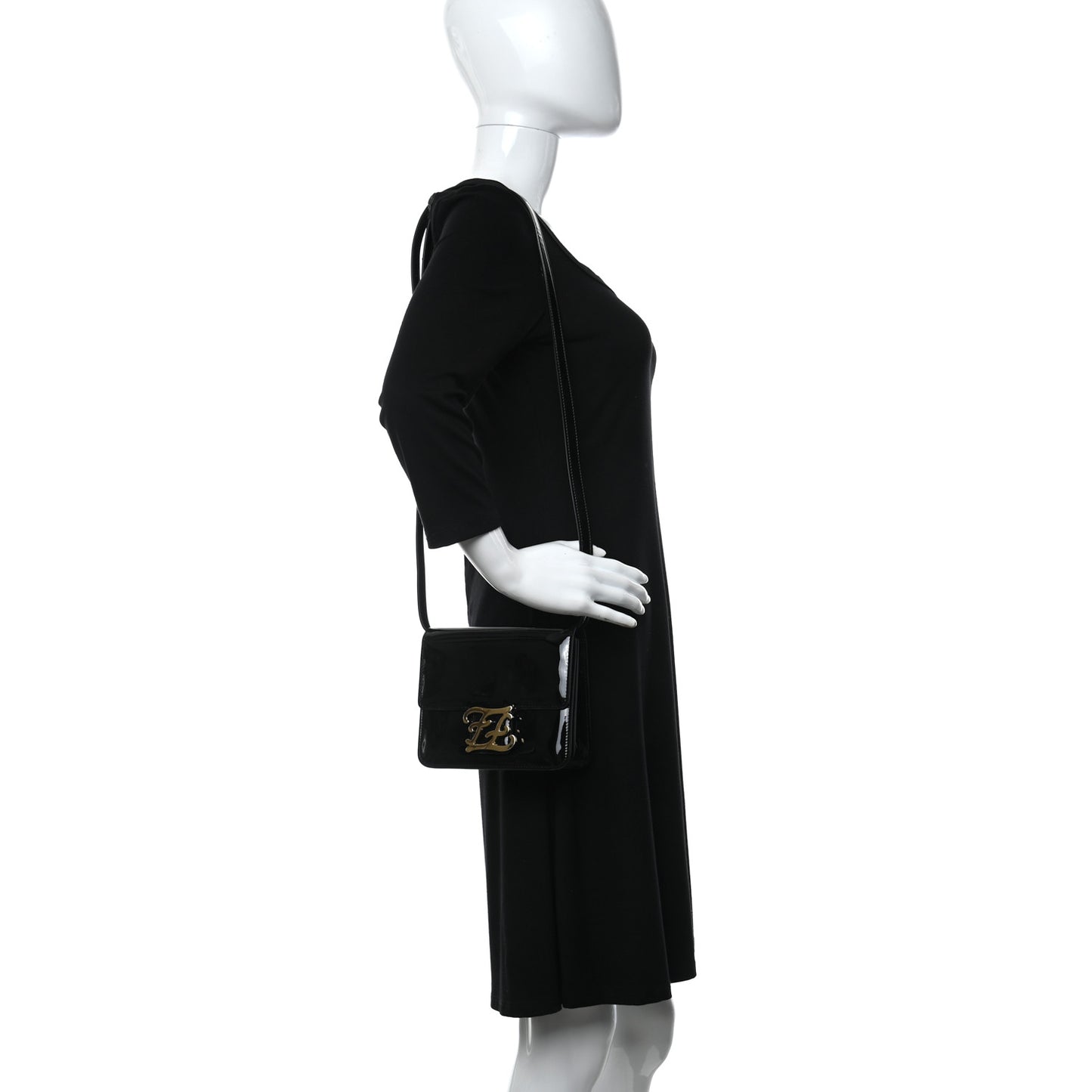 Vitello Vernice Mou Karligraphy Crossbody Bag Black